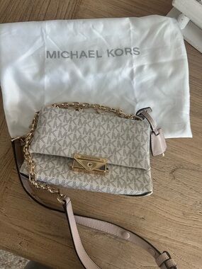 Michael Kors Beige Signature Crossbody with Gold Chain